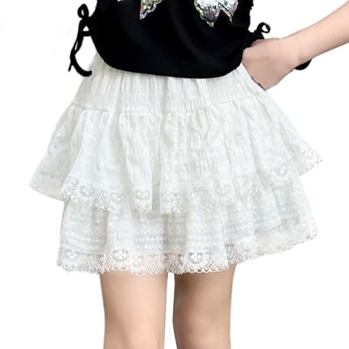 Rolanko Mädchen Spitzen Miniröcke mit Rüschen Plissee Gestuft Hohe Taille Fließender Skort, Plissiert Weiß, Größe: 12-13 Jahre/160 von Rolanko