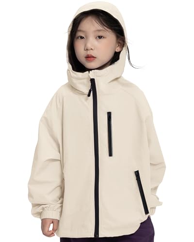 Rolanko Mädchen Wasserdichte Kapuzenjacke Leichter Regenmantel Windbreaker Outwear Regenjacken für Kinder Jungen 7-14 Jahre, Beige, Größe: 130/7-8 Years von Rolanko