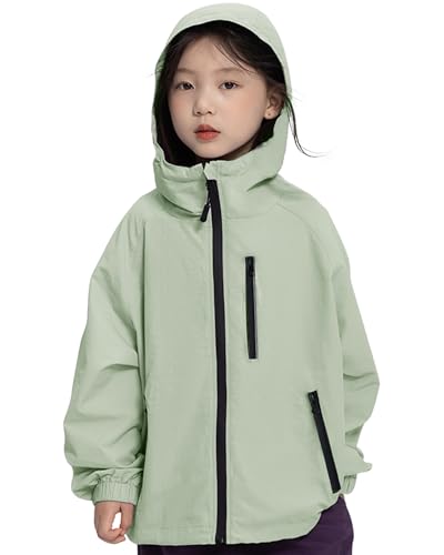 Rolanko Mädchen Wasserdichte Kapuzenjacke Leichter Regenmantel Windbreaker Outwear Regenjacken für Kinder Jungen 7-14 Jahre, Grün, Größe: 160/11-12 Years von Rolanko