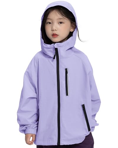 Rolanko Mädchen Wasserdichte Kapuzenjacke Leichter Regenmantel Windbreaker Outwear Regenjacken für Kinder Jungen 7-14 Jahre, Lila, Größe: 140/9-10 Jahre von Rolanko