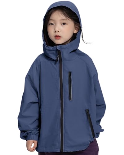 Rolanko Mädchen Wasserdichte Kapuzenjacke Leichter Regenmantel Windbreaker Outwear Regenjacken für Kinder Jungen 7-14 Jahre, Marine, Größe: 150/10-11 Years von Rolanko