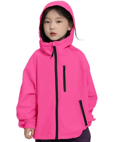 Rolanko Mädchen Wasserdichte Kapuzenjacke Leichter Regenmantel Windbreaker Outwear Regenjacken für Kinder Jungen 7-14 Jahre, Rose, Größe: 140/9-10 Years von Rolanko