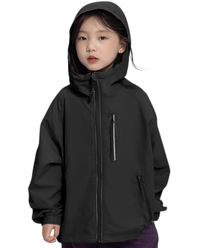 Rolanko Mädchen Wasserdichte Kapuzenjacke Leichter Regenmantel Windbreaker Outwear Regenjacken für Kinder Jungen 7-14 Jahre, Schwarz, Größe: 140/9-10 Jahre von Rolanko