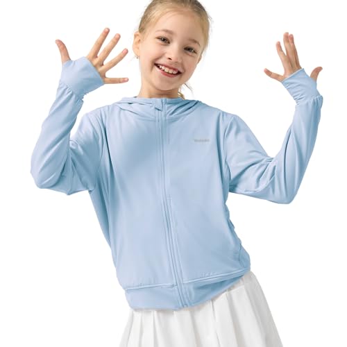 Rolanko Mädchenjacke mit langen Ärmeln, Schutz gegen UV-Strahlen, schnell trocknende Kapuze mit Daumenlöchern, für Kinder, Hazeblue, 6-7 Jahre von Rolanko
