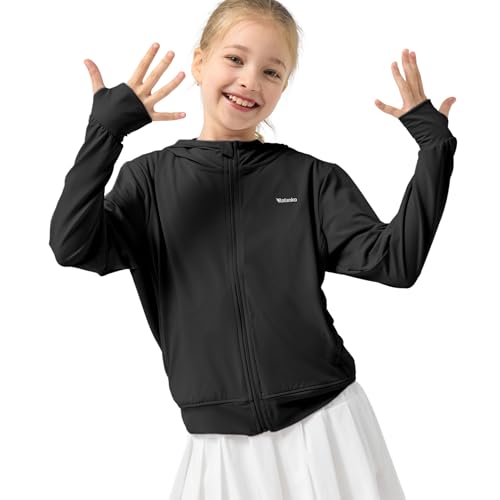 Rolanko Mädchenjacke mit langen Ärmeln, Schutz gegen UV-Strahlen, schnell trocknende Kapuze mit Daumenlöchern, für Kinder, Schwarz , 11-12 Jahre von Rolanko