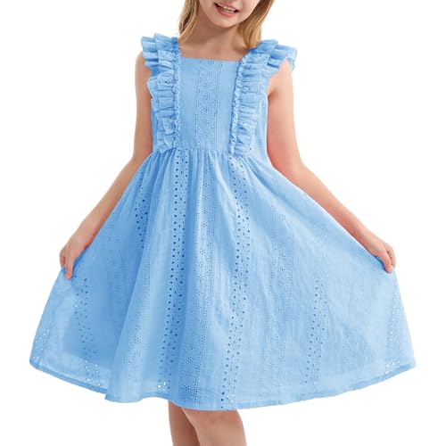 Rolanko Mädchenkleid mit Rüschenärmeln, A-Linie Eckiger Ausschnitt Luftig Leichtes Midi Sommerkleid mit Knopfleiste, Blau, Größe: 5-6 Jahre/120 von Rolanko