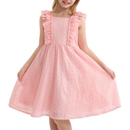 Rolanko Mädchenkleid mit Rüschenärmeln, A-Linie Eckiger Ausschnitt Luftig Leichtes Midi Sommerkleid mit Knopfleiste, Rosa, Größe: 7-8 Jahre/130 von Rolanko