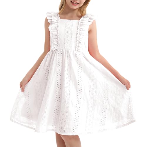 Rolanko Mädchenkleid mit Rüschenärmeln, A-Linie Eckiger Ausschnitt Luftig Leichtes Midi Sommerkleid mit Knopfleiste, Weiß, Größe: 9-10 Jahre/140 von Rolanko