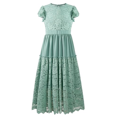 Rolanko Spitzenkleid für Blumenmädchen, Erstkommunion Party, Hochzeit Prinzessin Langarm Maxi Kleid mit Rüschenärmeln, Grün, 9-10 Jahre, 140 von Rolanko