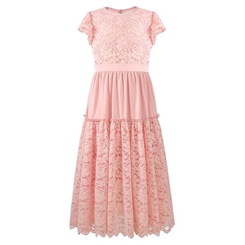 Rolanko Spitzenkleid für Blumenmädchen, Erstkommunion Party, Hochzeit Prinzessin Langarm Maxi Kleid mit Rüschenärmeln, Rosa, 10-11 Jahre, 150 von Rolanko