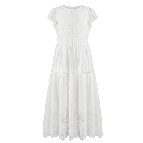 Rolanko Spitzenkleid für Blumenmädchen, Erstkommunion Party, Hochzeit Prinzessin Langarm Maxi Kleid mit Rüschenärmeln, Weiß, 11-12 Jahre, 160 von Rolanko