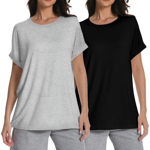 Rolcoassuns 2 Pack Damen T-Shirts aus Baumwolle mit Rundhalsausschnitt und kurzen Ärmeln, lockere Freizeit T-Shirts, Sommer Basic Blusen von Rolcoassuns
