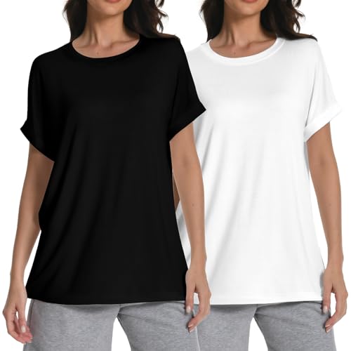 Rolcoassuns 2 Pack Damen T-Shirts aus Baumwolle mit Rundhalsausschnitt und kurzen Ärmeln, lockere Freizeit T-Shirts, Sommer Basic Blusen von Rolcoassuns