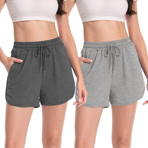 Rolcoassuns 2 Pack Kurze Hose Damen Sommer Sportshorts Casual Baumwolle Kurz Sporthose Damen Kordelzug Jogginghose Stretch Hose mit Taschen von Rolcoassuns