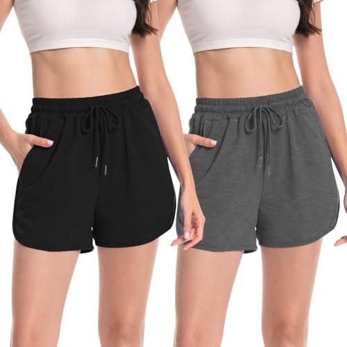 Rolcoassuns 2 Pack Kurze Hose Damen Sommer Sportshorts Casual Baumwolle Kurz Sporthose Damen Kordelzug Jogginghose Stretch Hose mit Taschen von Rolcoassuns