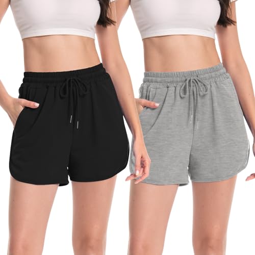 Rolcoassuns 2 Pack Kurze Hose Damen Sommer Sportshorts Casual Baumwolle Kurz Sporthose Damen Kordelzug Jogginghose Stretch Hose mit Taschen von Rolcoassuns