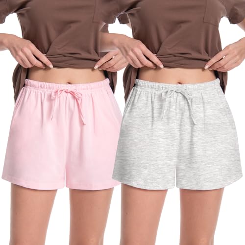 Rolcoassuns 2 Pack Schlafshorts Damen Sommer Baumwolle Weich Kurzer Pyjamahose mit Taschen und Kordelzug Bequem Freizeitshorts von Rolcoassuns