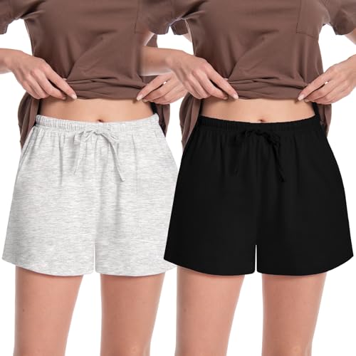 Rolcoassuns 2 Pack Schlafshorts Damen Sommer Baumwolle Weich Kurzer Pyjamahose mit Taschen und Kordelzug Bequem Freizeitshorts von Rolcoassuns