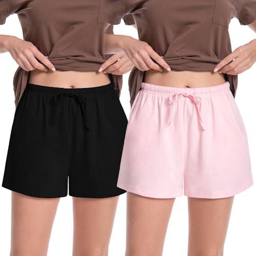 Rolcoassuns 2 Pack Schlafshorts Damen Sommer Baumwolle Weich Kurzer Pyjamahose mit Taschen und Kordelzug Bequem Freizeitshorts von Rolcoassuns