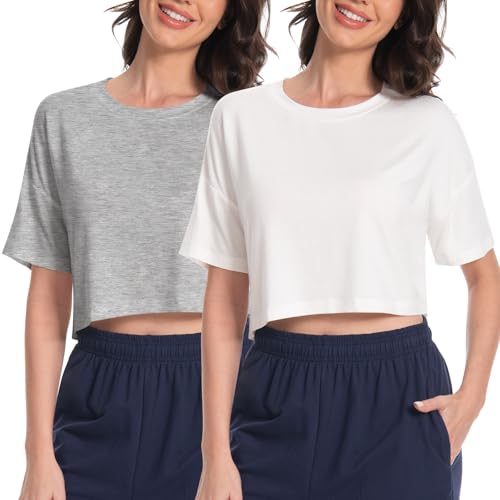 Rolcoassuns 2er-Pack Damen-T-Shirts mit kurzen Ärmeln, Rundhalsausschnitt, lockere bauchfreie Tops Rolcoassuns 2er-Pack Damen-T-Shirts mit kurzen Ärmeln, Rundhalsausschnitt, lockere bauchfreie Tops von Rolcoassuns