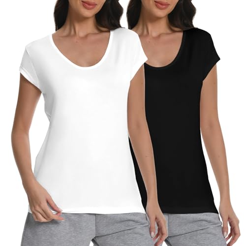 Rolcoassuns 2er-Pack T Shirt Damen V-Ausschnitt Flügelärmeln Kurzarm, Sommer Locker BaumwolleTop, Casual Basic T-Shirts von Rolcoassuns