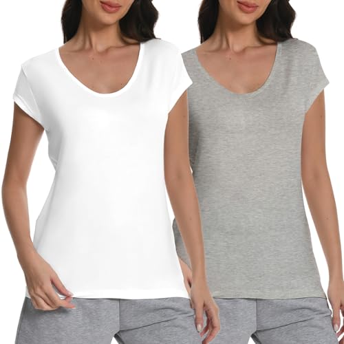 Rolcoassuns 2er-Pack T Shirt Damen V-Ausschnitt Flügelärmeln Kurzarm, Sommer Locker BaumwolleTop, Casual Basic T-Shirts von Rolcoassuns