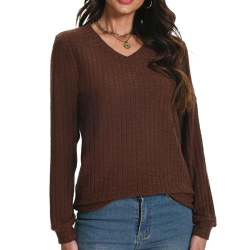 Rolcoassuns Damen Pullover V-Ausschnitt Langarm Oberteile Casual Leichte Tunika Strickpullover Modische Kleidung von Rolcoassuns