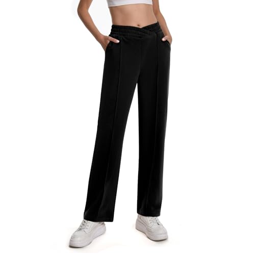 Rolcoassuns Damen Sweatpants mit Taschen Einfarbiger Trainingsanzug V-Crossover Baggy Elastische Taille Jogginghose für Freizeit, Hip-Hop, Fitnessstudio und Jogging von Rolcoassuns