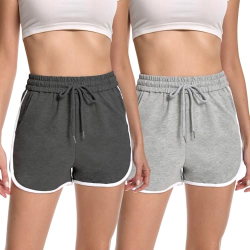 Rolcoassuns Kurze Hose Damen, Delfin-Shorts aus Baumwolle, Kurze Sporthose für Frauen mit Taschen, Weite Bequeme Lounge-Shorts, 2er-Pack von Rolcoassuns