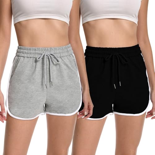 Rolcoassuns Kurze Hose Damen, Delfin-Shorts aus Baumwolle, Kurze Sporthose für Frauen mit Taschen, Weite Bequeme Lounge-Shorts, 2er-Pack von Rolcoassuns