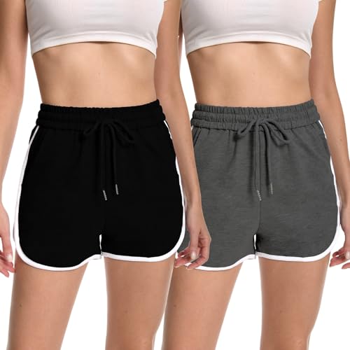 Rolcoassuns Kurze Hose Damen, Delfin-Shorts aus Baumwolle, Kurze Sporthose für Frauen mit Taschen, Weite Bequeme Lounge-Shorts, 2er-Pack von Rolcoassuns