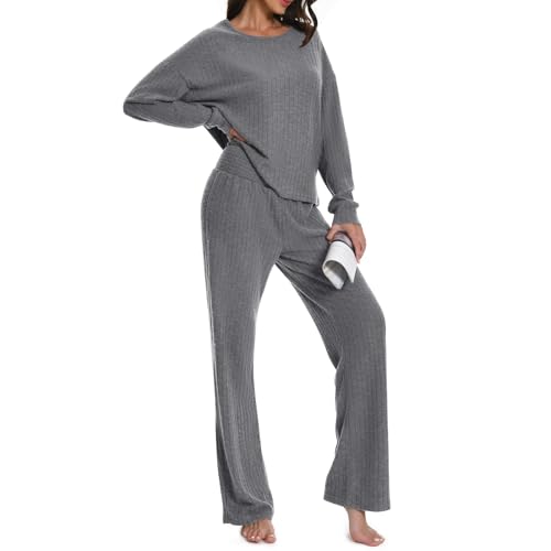 Rolcoassuns Pyjama Set für Damen, 2 teiliges Geripptes Damen Outfit, Loungewear Sets, Freizeitanzüge Homewear, Rundhalspullover mit Langen Ärmeln und Hose mit weitem Bein und Gummibund von Rolcoassuns
