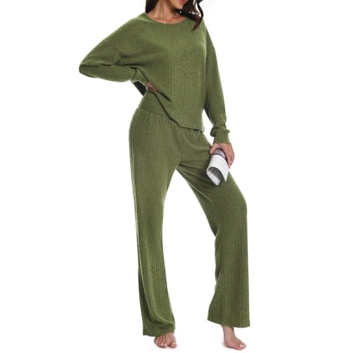 Rolcoassuns Pyjama Set für Damen, 2 teiliges Geripptes Damen Outfit, Loungewear Sets, Freizeitanzüge Homewear, Rundhalspullover mit Langen Ärmeln und Hose mit weitem Bein und Gummibund von Rolcoassuns