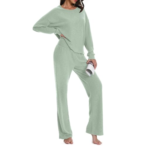 Rolcoassuns Pyjama Set für Damen, 2 teiliges Geripptes Damen Outfit, Loungewear Sets, Freizeitanzüge Homewear, Rundhalspullover mit Langen Ärmeln und Hose mit weitem Bein und Gummibund von Rolcoassuns