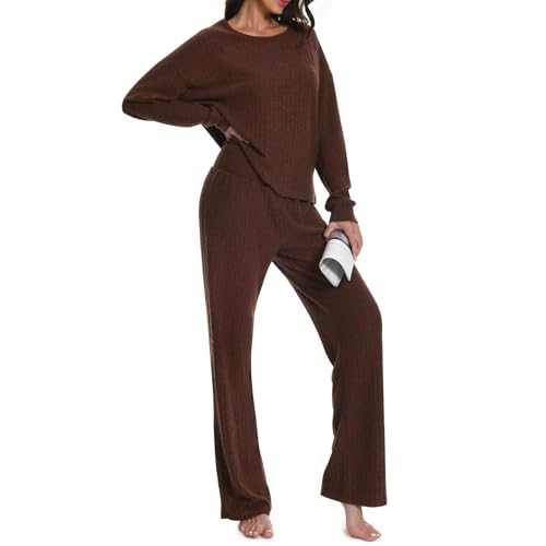 Rolcoassuns Pyjama Set für Damen, 2 teiliges Geripptes Damen Outfit, Loungewear Sets, Freizeitanzüge Homewear, Rundhalspullover mit Langen Ärmeln und Hose mit weitem Bein und Gummibund von Rolcoassuns