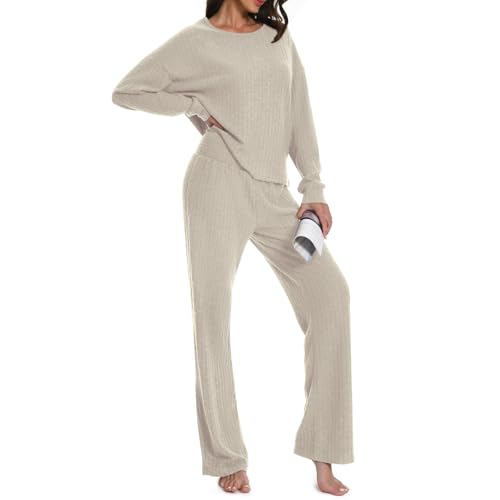 Rolcoassuns Pyjama Set für Damen, 2 teiliges Geripptes Damen Outfit, Loungewear Sets, Freizeitanzüge Homewear, Rundhalspullover mit Langen Ärmeln und Hose mit weitem Bein und Gummibund von Rolcoassuns