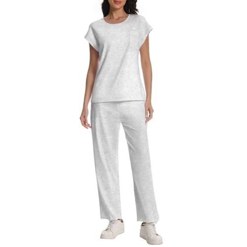 Rolcoassuns Schlafanzug Damen Baumwolle Pyjama Zweiteiliges Set mit Kurzarm Schlafanzugoberteile und Lange Schlafanzughose Weich Elastischer Bund Sleepwear mit Taschen von Rolcoassuns
