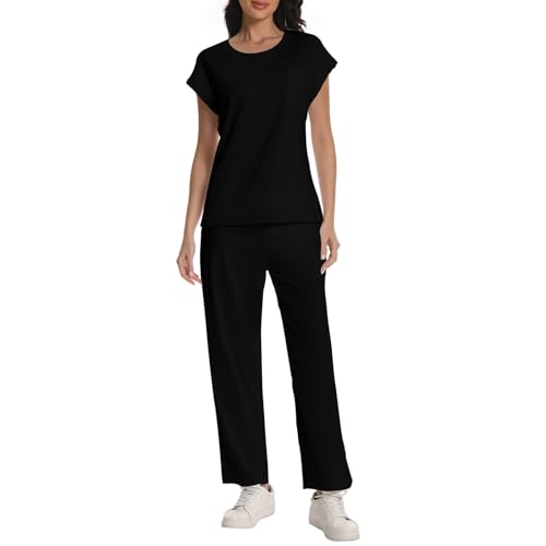 Rolcoassuns Schlafanzug Damen Baumwolle Pyjama Zweiteiliges Set mit Kurzarm Schlafanzugoberteile und Lange Schlafanzughose Weich Elastischer Bund Sleepwear mit Taschen von Rolcoassuns
