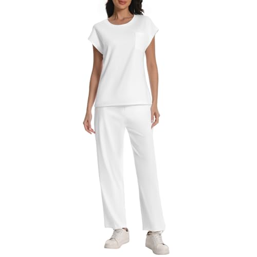 Rolcoassuns Schlafanzug Damen Baumwolle Pyjama Zweiteiliges Set mit Kurzarm Schlafanzugoberteile und Lange Schlafanzughose Weich Elastischer Bund Sleepwear mit Taschen von Rolcoassuns
