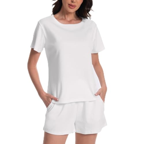 Rolcoassuns Schlafanzug Damen Baumwolle Pyjama Zweiteiliges Set mit Kurzarm Schlafanzugoberteile und Shorts Pyjamahose Weich Elastischer Bund Nachtwäsche Sleepwear mit Taschen Hausanzug Loungewear von Rolcoassuns