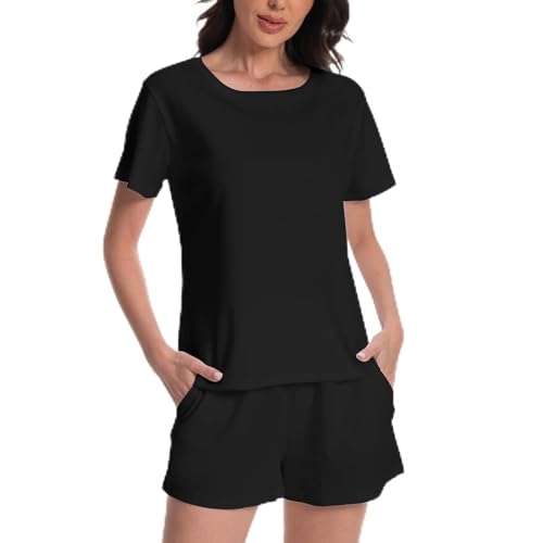 Rolcoassuns Schlafanzug Damen Baumwolle Pyjama Zweiteiliges Set mit Kurzarm Schlafanzugoberteile und Shorts Pyjamahose Weich Elastischer Bund Nachtwäsche Sleepwear mit Taschen Hausanzug Loungewear von Rolcoassuns