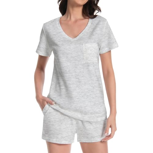 Rolcoassuns Schlafanzug Damen Sommer Baumwolle Pyjama Zweiteiliges Set Weich Elastischer Bund Sleepwear mit Taschen Loungewear von Rolcoassuns