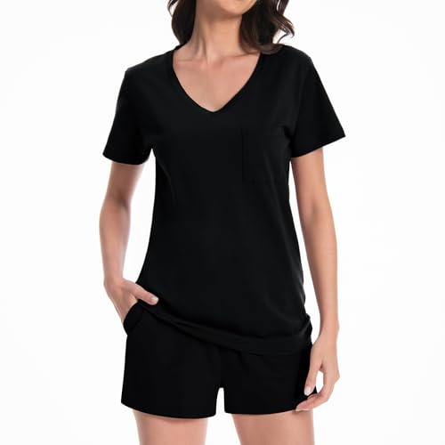 Rolcoassuns Schlafanzug Damen Sommer Baumwolle Pyjama Zweiteiliges Set Weich Elastischer Bund Sleepwear mit Taschen Loungewear von Rolcoassuns