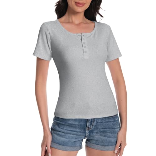 Rolcoassuns Tshirt Damen U-Ausschnitt Gerippt Slim Fit Kurzarm Summer Basic Tops Knopfleiste Stretch Casual T-Shirt von Rolcoassuns