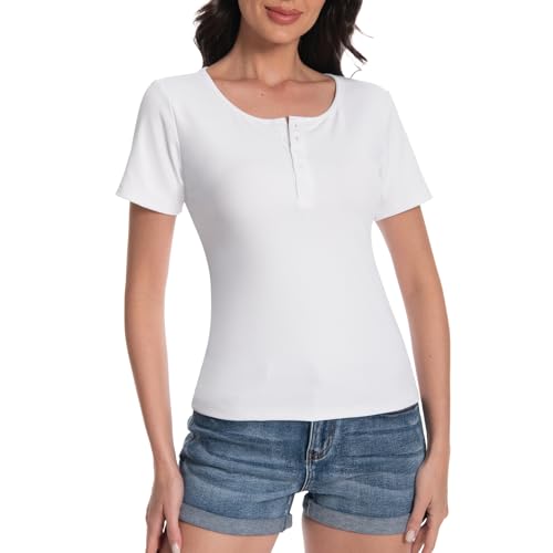 Rolcoassuns Tshirt Damen U-Ausschnitt Gerippt Slim Fit Kurzarm Summer Basic Tops Knopfleiste Stretch Casual T-Shirt von Rolcoassuns
