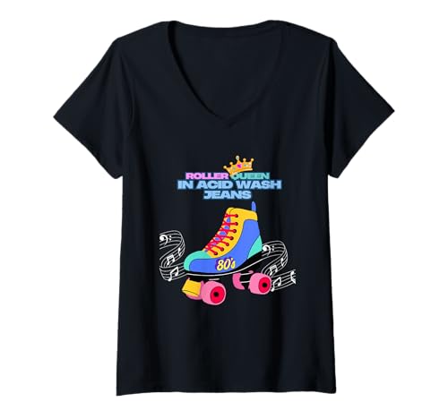 Damen Roller Queen in Acid Wash Jeans 80er Jahre Retro Vibes Musiknoten T-Shirt mit V-Ausschnitt Damen Roller Queen in Acid Wash Jeans 80er Jahre Retro Vibes Musiknoten T-Shirt mit V-Ausschnitt von Roller Queen Retro Vibes Music Notes By NOTALIFY