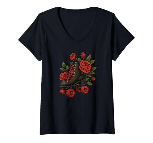 Damen Rollschuhblume T-Shirt mit V-Ausschnitt Damen Rollschuhblume T-Shirt mit V-Ausschnitt von Roller Skate Frauen Mädchen
