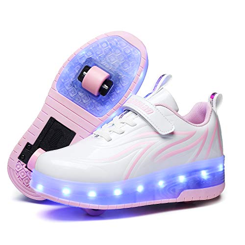 Unisex Kinder LED Farbe Licht USB Wiederaufladbar Skateboardschuhe mit Rollen Drucktaste Einstellbare Hinterrad/Abnehmbares Vorderrad Rollerblades Inline Skates Running Sneaker für Jungen Mädchen von Roller&Skates