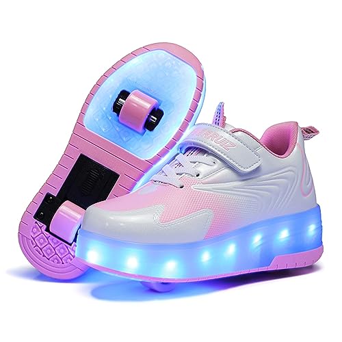 Unisex Kinder LED Farbe Licht USB Wiederaufladbar Skateboardschuhe mit Rollen Drucktaste Einstellbare Hinterrad/Abnehmbares Vorderrad Inline Skates Running Sneaker für Jungen Mädchen von Roller&Skates