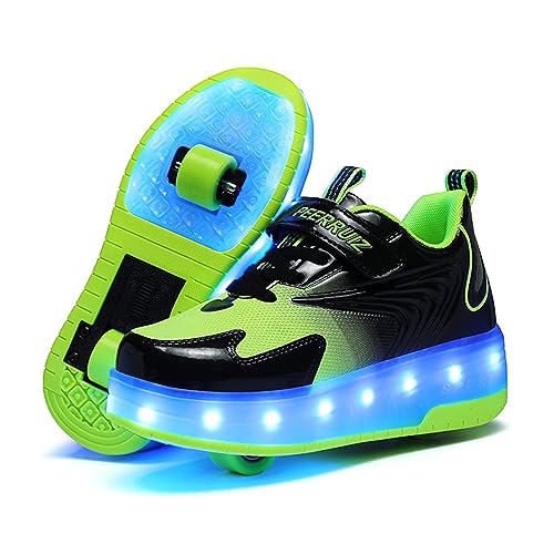 Unisex Kinder LED Licht USB Wiederaufladbar Skateboardschuhe mit Doppelrad Rollen,Drucktaste Einstellbare Roller Skates, Outdoor Sport Fitnessschuhe Gymnastik Running Sneaker von Roller&Skates